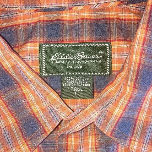Mens Large Tall Eddie Bauer Mens Orange Plaid Long Sleeves Button Up - Picture 3 of 9